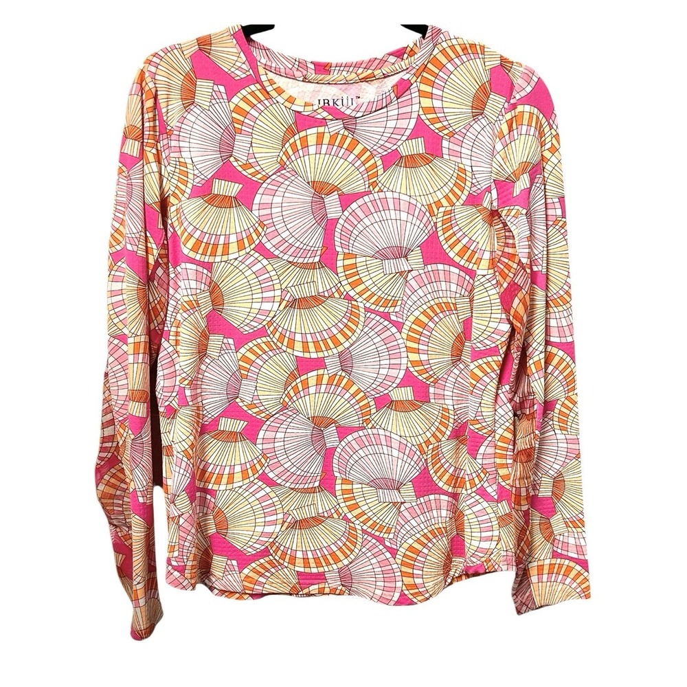 IBKUL Womens Long Sleeve Seashells Orange Pink UPF Mesh Sleeves Activewear Large